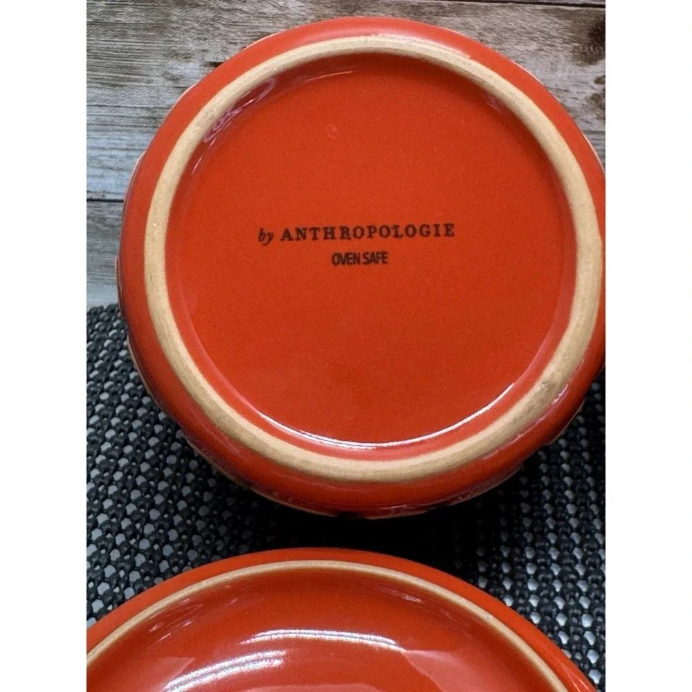 Set 2 Anthropologie Siena Mini Baking Dish or Trinket Dish Red Beige Circles NEW